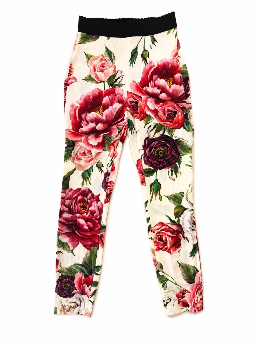 Dolce & Gabbana Soft Stretch Silk Floral Leggings - Cream w/ Pink & Red Flowers